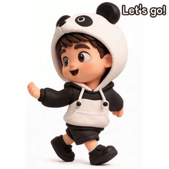 Sasa in a panda hoodie saying Let's go!